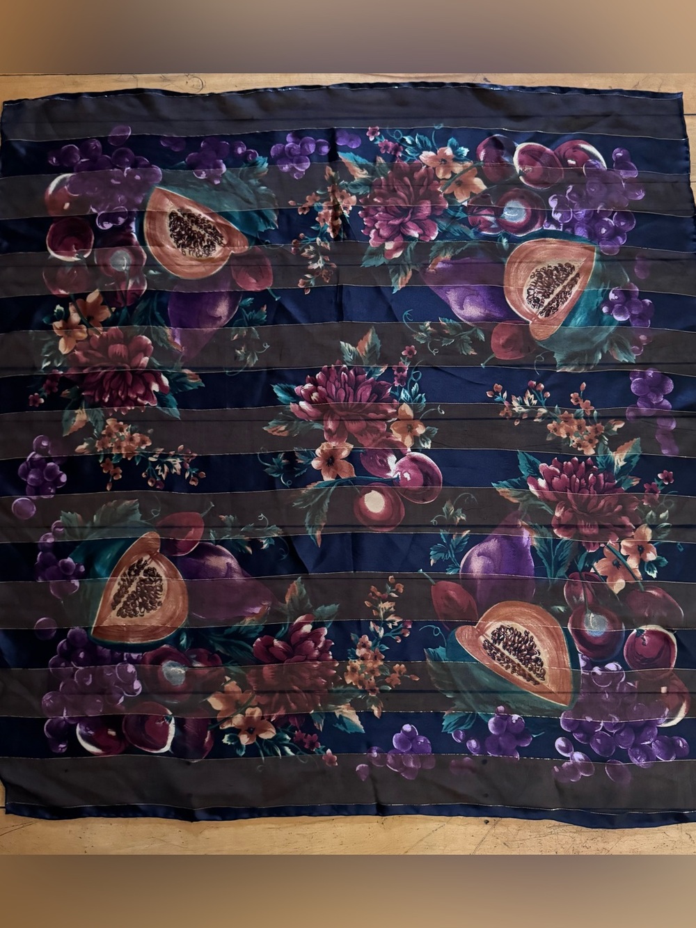 Vintage hand rolled black fruit leaves floral sheer striped silk square scarf